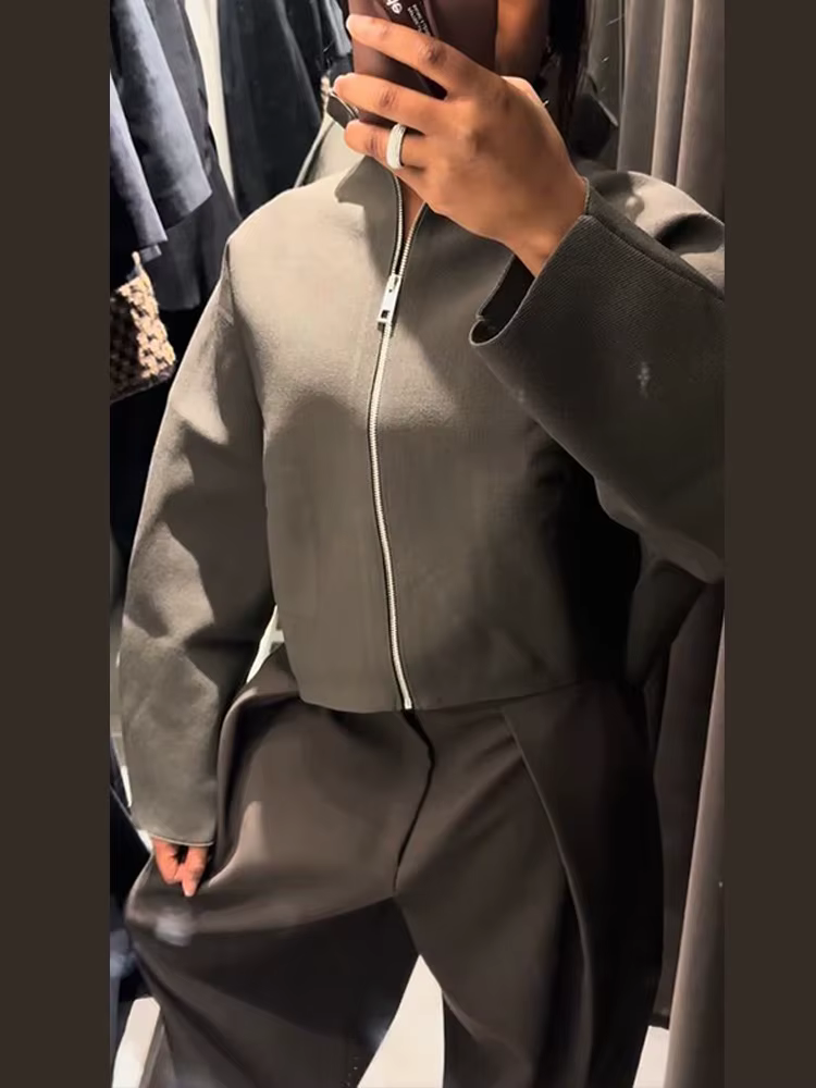 Veste courte en tricot pour femmes, col montant, fermeture éclair, manteau ample à manches longues, 