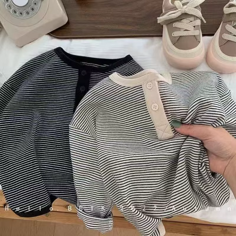 T-shirt rayé coréen à manches longues pour enfants, haut simple pour bébé, chemise chaude pour garço
