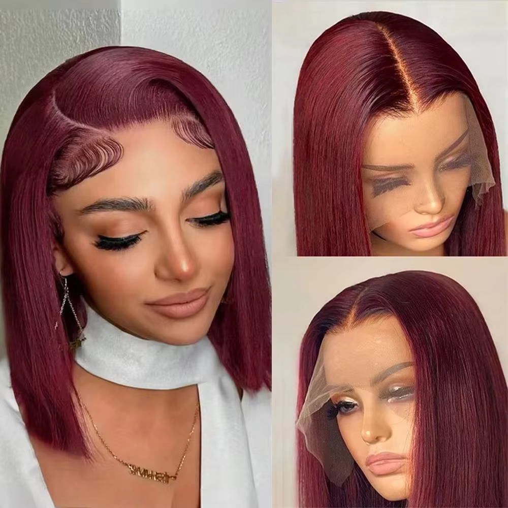 Perruques bob droites bordeaux 99J, prêtes à porter, sans colle, perruques en cheveux humains avec d