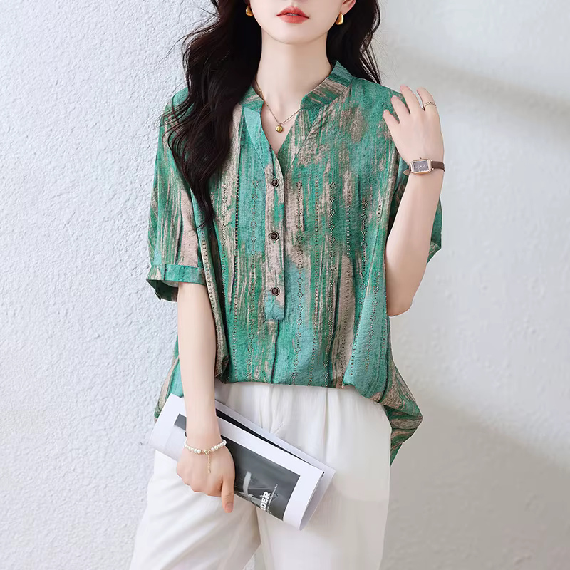 ZUO MAN RU-T-shirt manches courtes col V femme, slim, vert, taille adt, imprimé diamant, été 2023