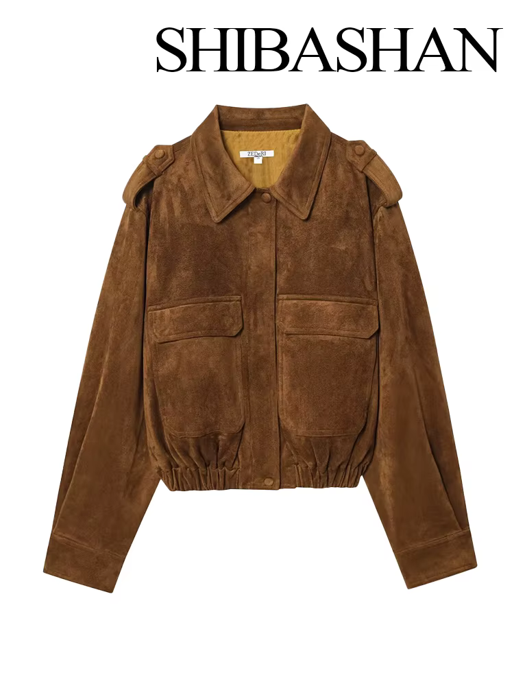 HH femmes 2025 automne mode polyvalent daim revers à manches longues manteau femme haute rue ample d