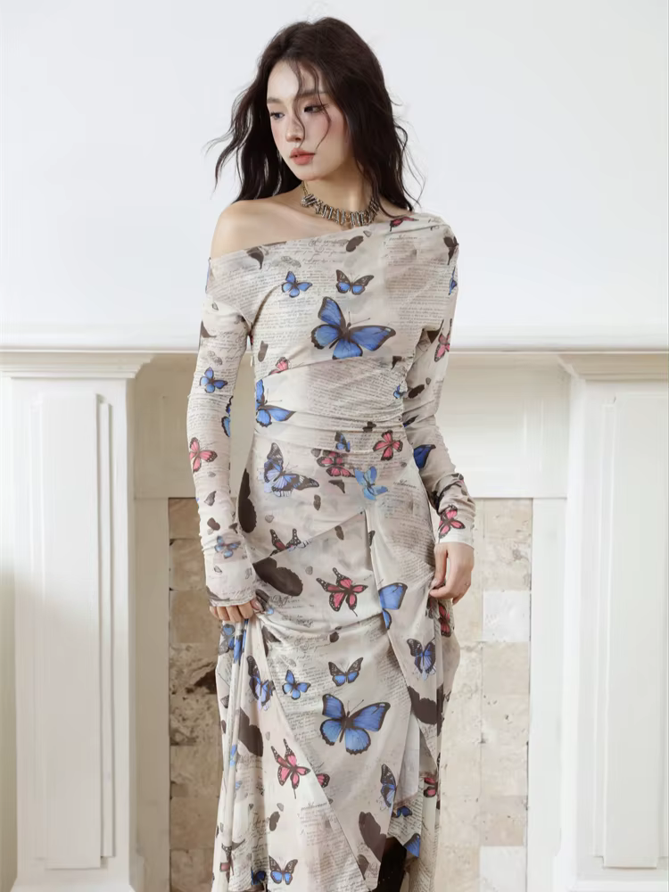 Contest ERART-Robe mi-longue en maille avec lettre papillon pour femme, imprimé Off The Initiated, m