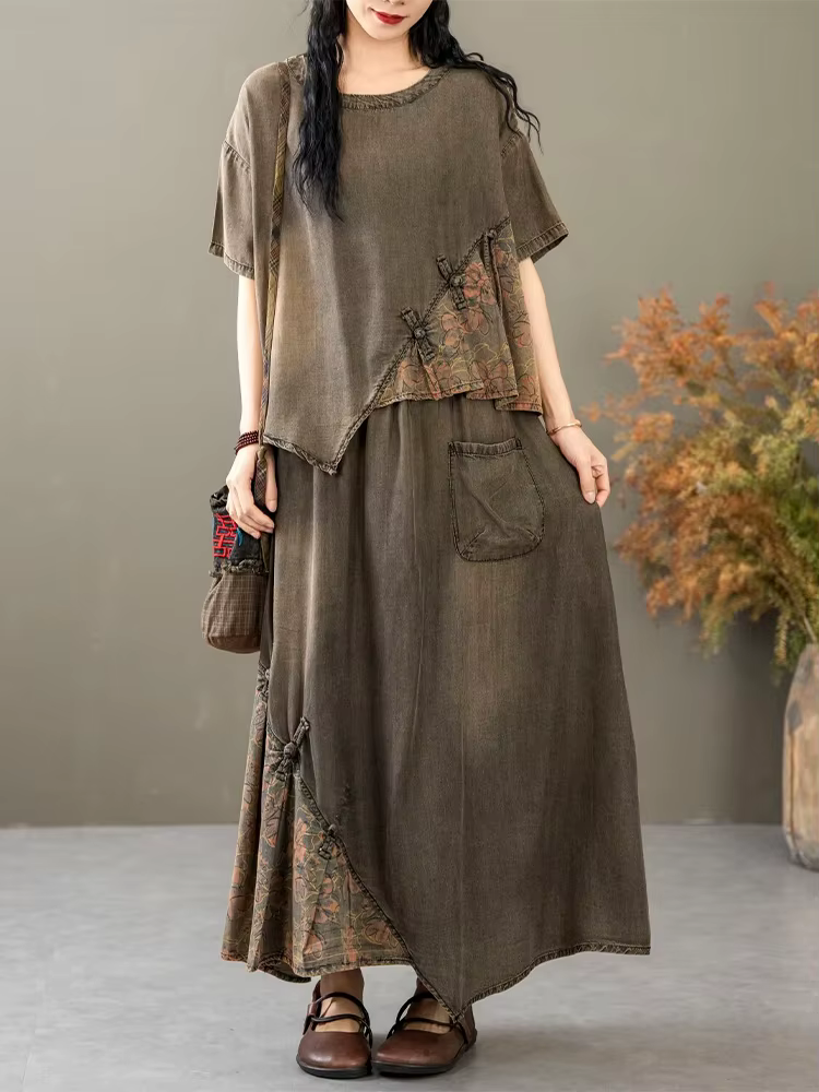 AmaxluluE 2025 costumes d'été femmes chinois 2 pièces ensembles décontracté imprimé Denim tenues de 
