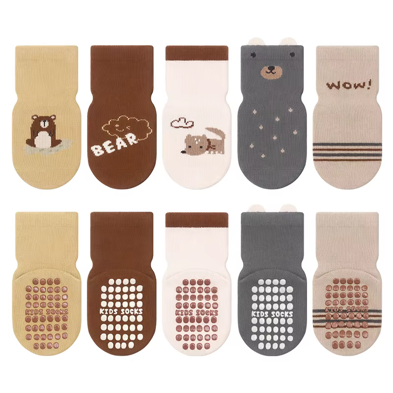 5 paires de chaussettes antidérapantes en coton pour enfants, garçons et filles, chaussettes de sol