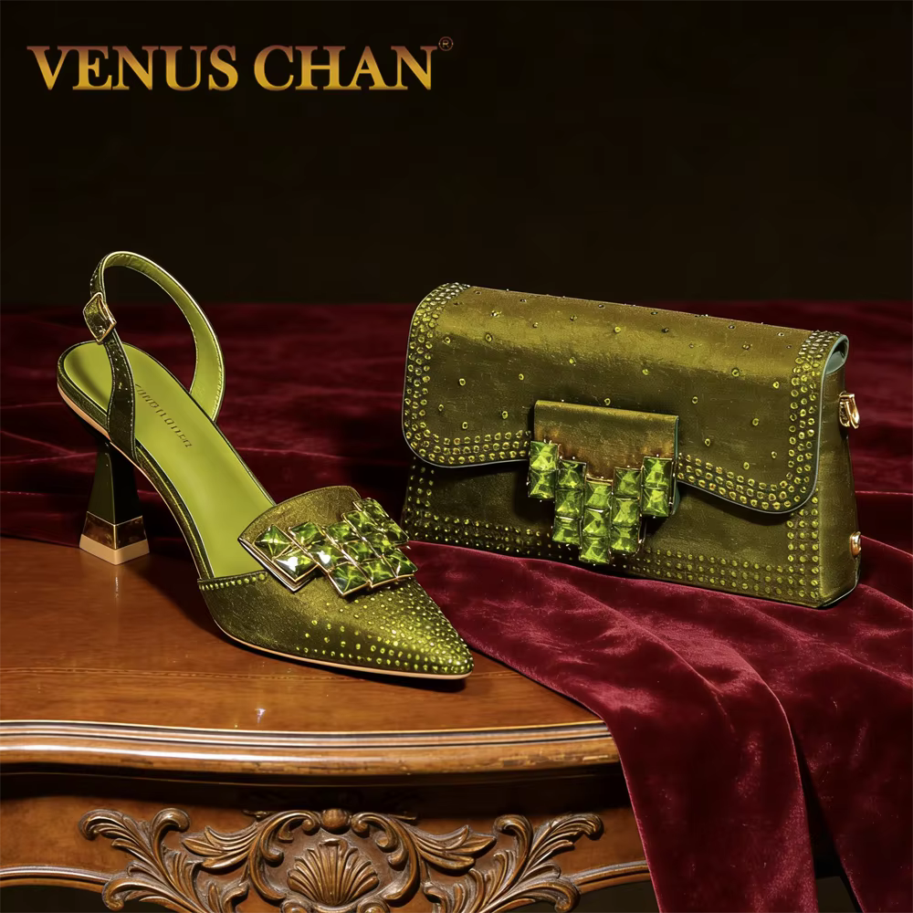 Ensemble de talons hauts pointus et sac assorti pour femmes, design italien 2026, vert olive, strass