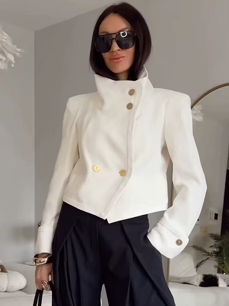 Nouvelle veste décontractée pour femme à col montant, manches longues, boutonnée, couleur unie, styl