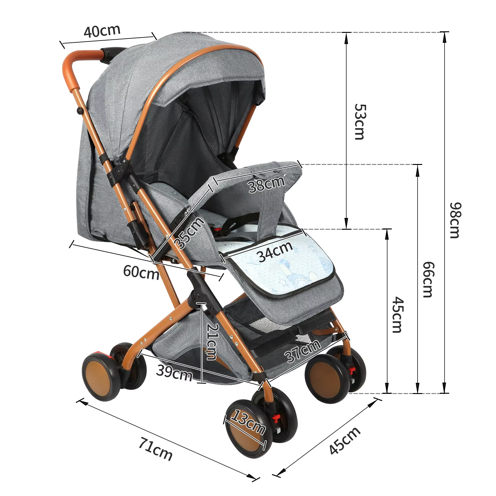 Poussette bébé, chariot avec moustiquaire, jusqu'à 20 kg, avec panier de rangement, 4 roues, pousset