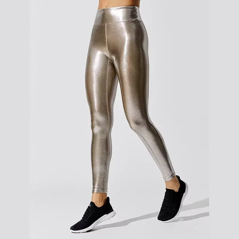 Pantalon de Yoga brillant métallique pour femmes, Leggings taille élastique, vêtements de sport bril