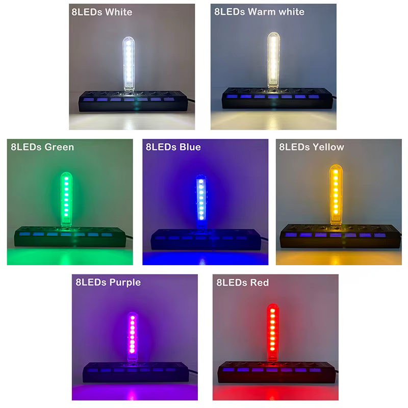 Petite lampe USB à 8LED, dc 5v, 4W, rouge vif, jaune, blanc, bleu, vert, violet, Protection des yeux