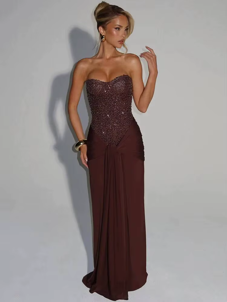 Mozision Sparkle épaules dénudées Sexy robe Maxi femmes élégant paillettes sans bretelles dos nu san