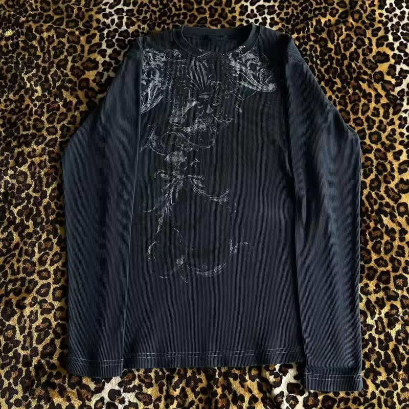Y2K Hottie Grunge Cyber Mall Goth T-shirt thermique crânes graphique imprimé à manches longues pulls