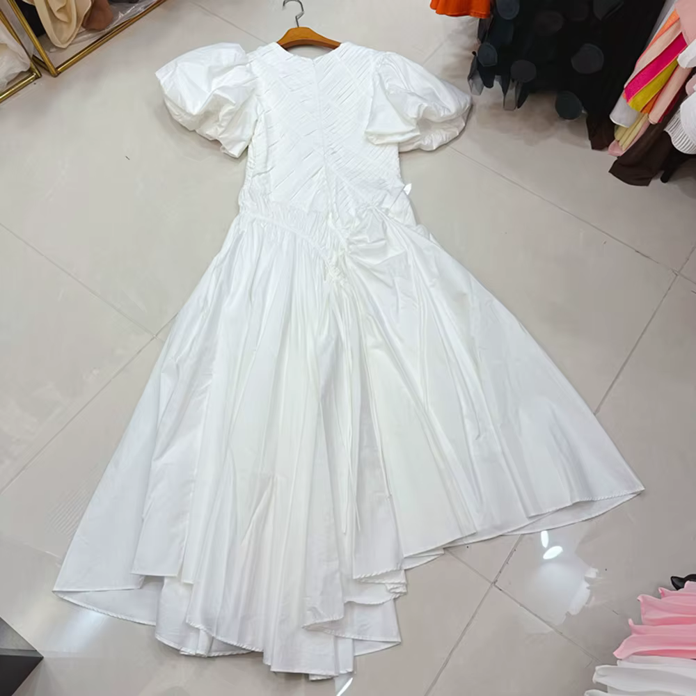 TWOTWINSTYLE tempérament robes solides pour les femmes col rond manches à bulles taille haute décont