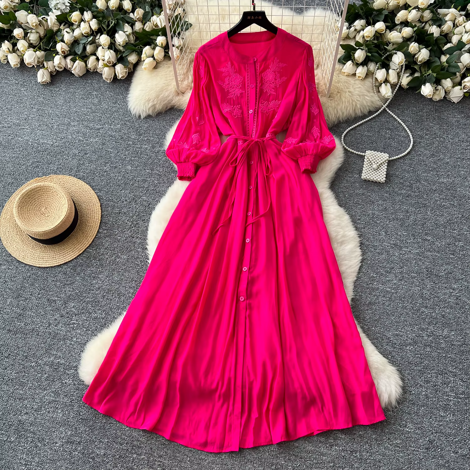 Vintage élégant brodé bouton robe a-ligne Chic décontracté plage vacances femmes robes d'été
