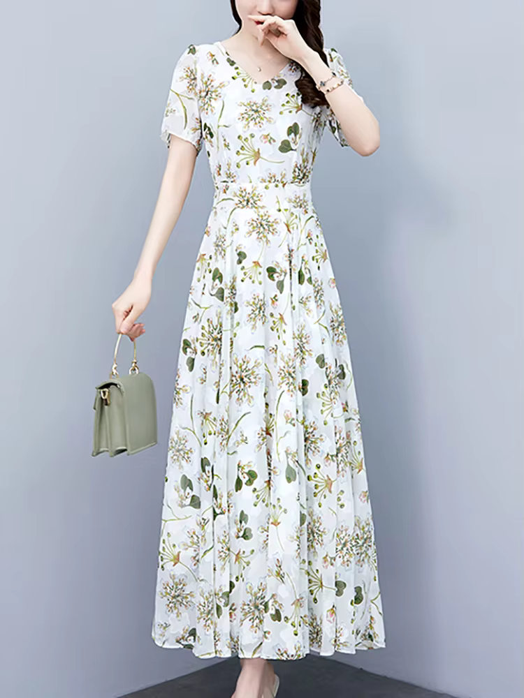 Robe longue à fleurs blanches, style boho décontracté, tenue de plage, vacances, manches courtes, él