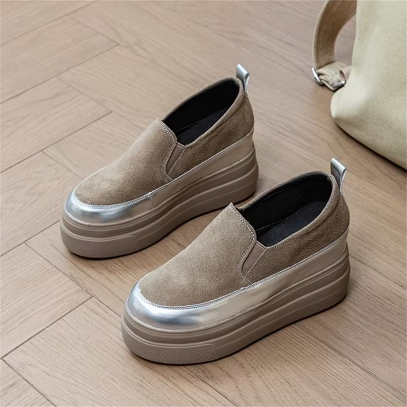 Chaussures à semelles compensées en cuir véritable, baskets épaisses à tête ronde de couleur unie, m