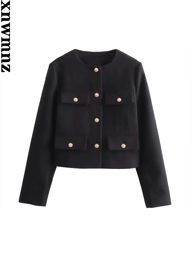 XNWMNZ-Veste courte vintage à col rond pour femme avec poche à rabat, blazer femme polyvalent, manch