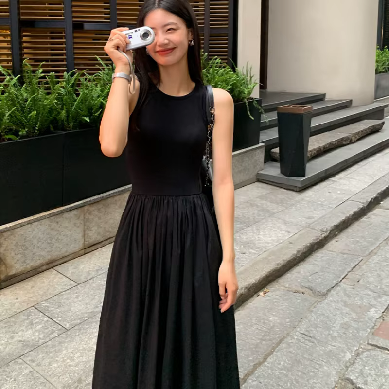 Robe mi-longue noire vintage pour femmes, style de vacances, col rond, poches décontractées, vêtemen