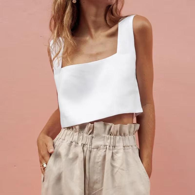 Haut court 100 % lin blanc, col carré vintage, sans manches, style streetwear, vert, collection été 