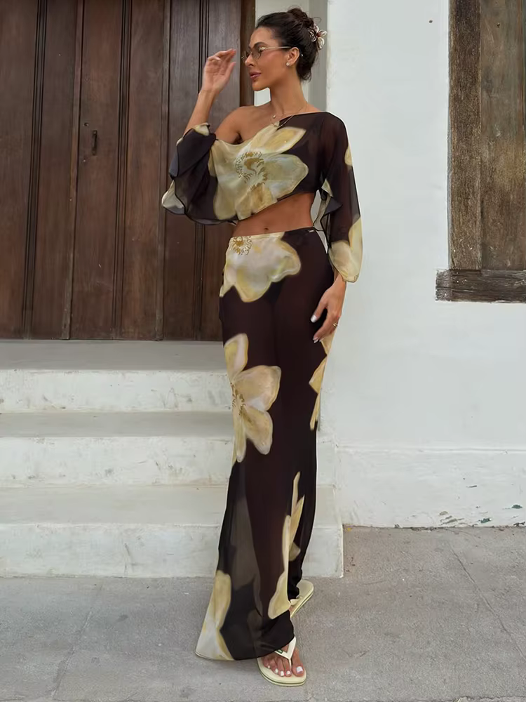 Kliou – ensemble 2 pièces imprimé Floral pour femme, col incliné, manches longues, nombril exposé +