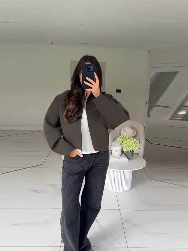 Veste courte Vintage à col montant pour femme, manteau ample et chaud avec fermeture éclair, manches