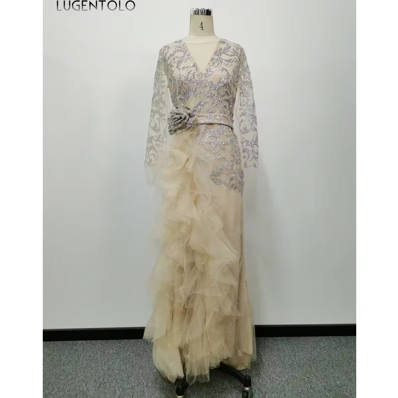 Lugentolo-Robe de soirée à paillettes pour femmes, nœud mince, manches longues, col rond, maille élé
