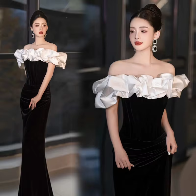 Robe d'hôte élégante en velours noir, asymétrique épaule dénudée, tempérament Noble, pour fête d'ann