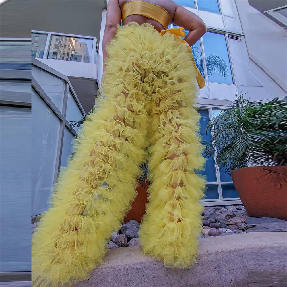 Pantalon en maille de tulle pour femme, pantalon à volants multicouches pour femme, taille haute, te