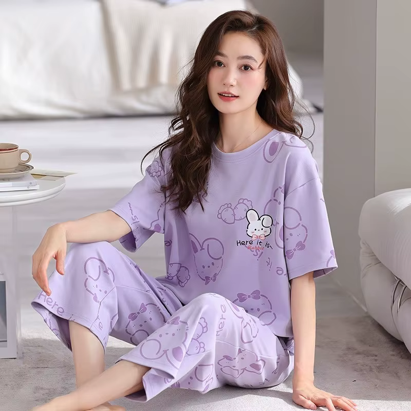 Femmes pyjamas hauts et pantalons fille vêtements de nuit Homewear ensemble col rond rayé dessin ani