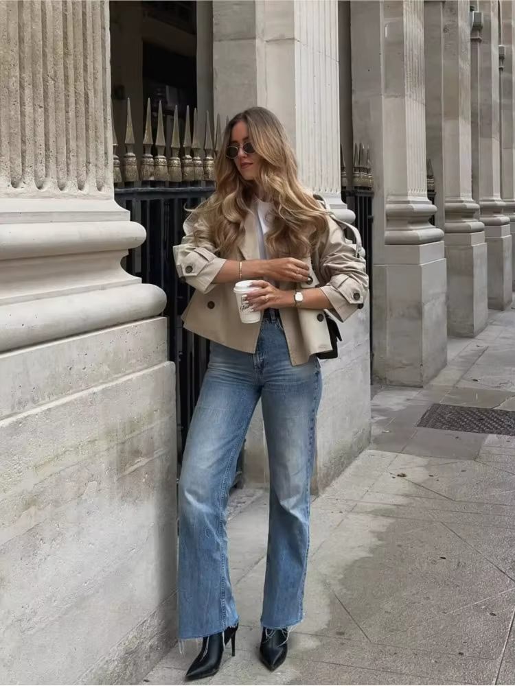 Manteau court décontracté pour femme à double boutonnage, style trench-coat de printemps, à manches