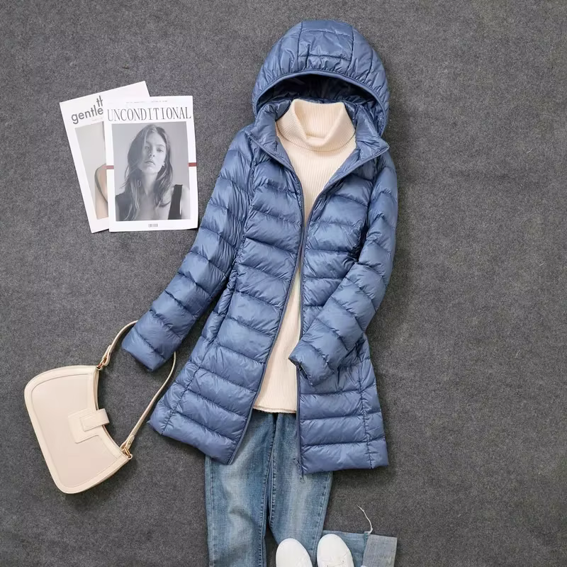 Veste de printemps ultralégère et fine pour femme, longue, pliable, chapeau détachable, jupe cintrée