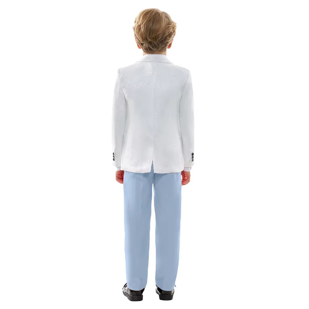 Costume formel classique 4 pièces pour garçons, blanc et bleu ciel contrasté, blazer, gilet et panta