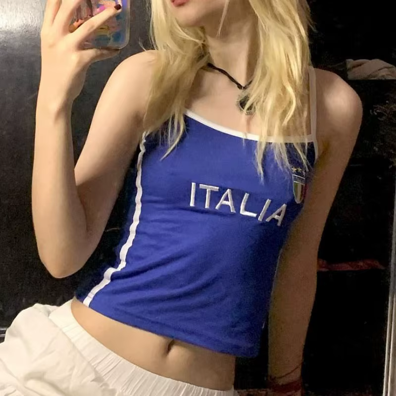 Camisole brodée italienne pour femme, sangle spaghetti bleue, haut court décontracté, streetwear bas