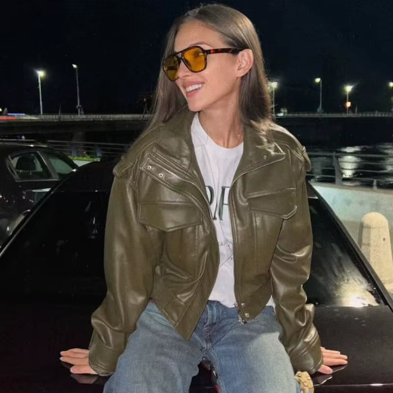 Veste femme veste simili cuir vert femme Demi-saison veste d'extérieur femme automne nouveau dans ma