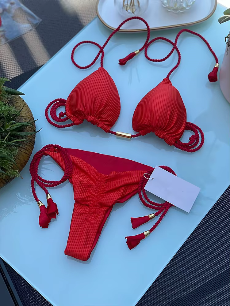 Maillot de bain à bandes ajustables pour femmes, ensemble deux pièces, sexy, couleur solide, triangl
