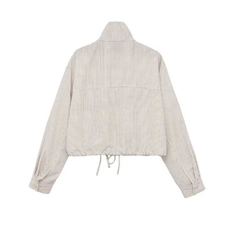 Veste Courte à Carreaux pour Femme ETJ, Col Montant, Manches Bouffantes, Coupe Oversize avec Ourlet 