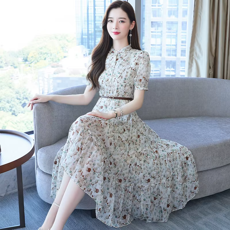 Robe mi-longue en mousseline de soie à fleurs pour femmes, manches courtes, mode décontractée, robe