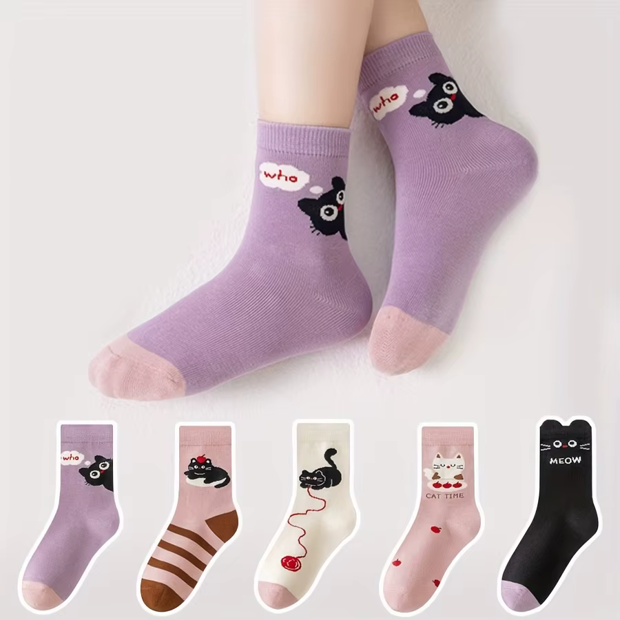 5 paires de chaussettes pour enfants dessin animé chaton mignon motif rayé toute l'année bébé garçon