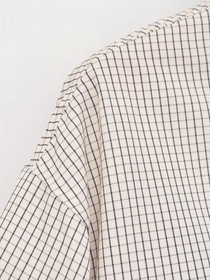 Veste Courte à Carreaux pour Femme ETJ, Col Montant, Manches Bouffantes, Coupe Oversize avec Ourlet 