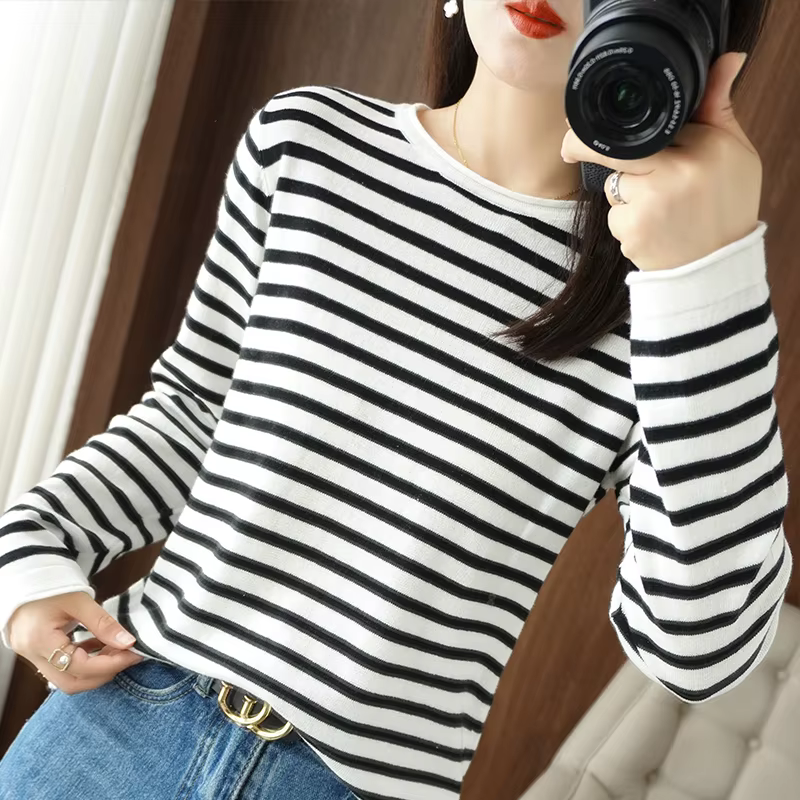 Femmes 100% coton pull frisé col rond bande pull automne hiver décontracté tricot vêtements mode dou