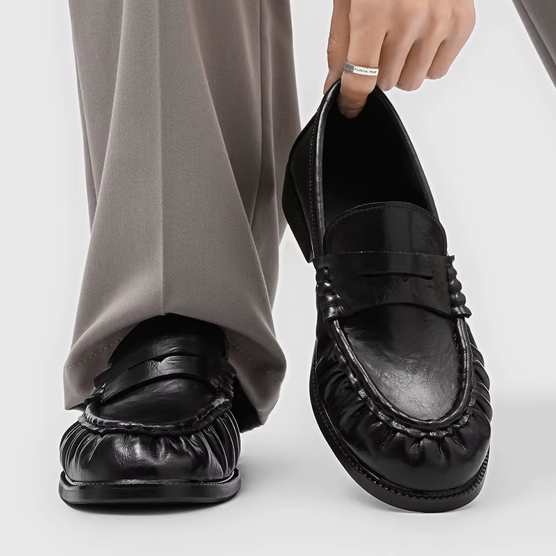 Mocassins noirs en cuir véritable pour hommes avec bout plissé, chaussures habillées confortables à
