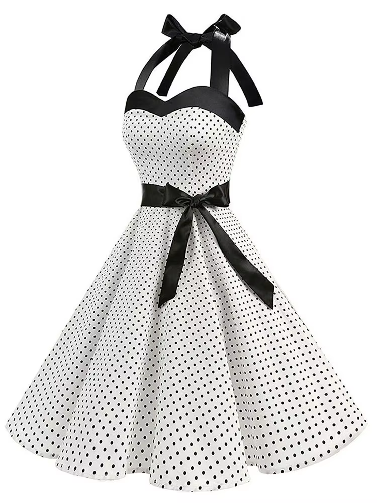 Femmes à pois imprimé Robe d'été Sexy rétro blanc licou Robe Vintage Robe Femme Pin Up Rockabilly Ro