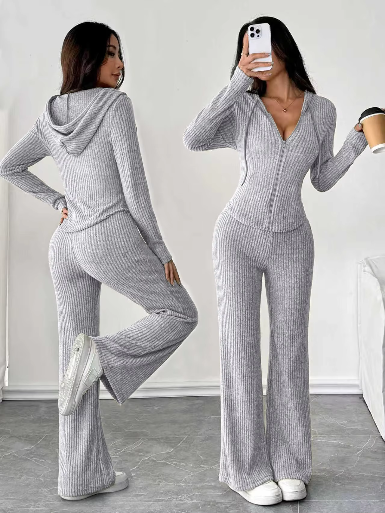 Ensemble haut à capuche et pantalon évasé ample pour femmes, couleur unie, à la mode, décontracté, à