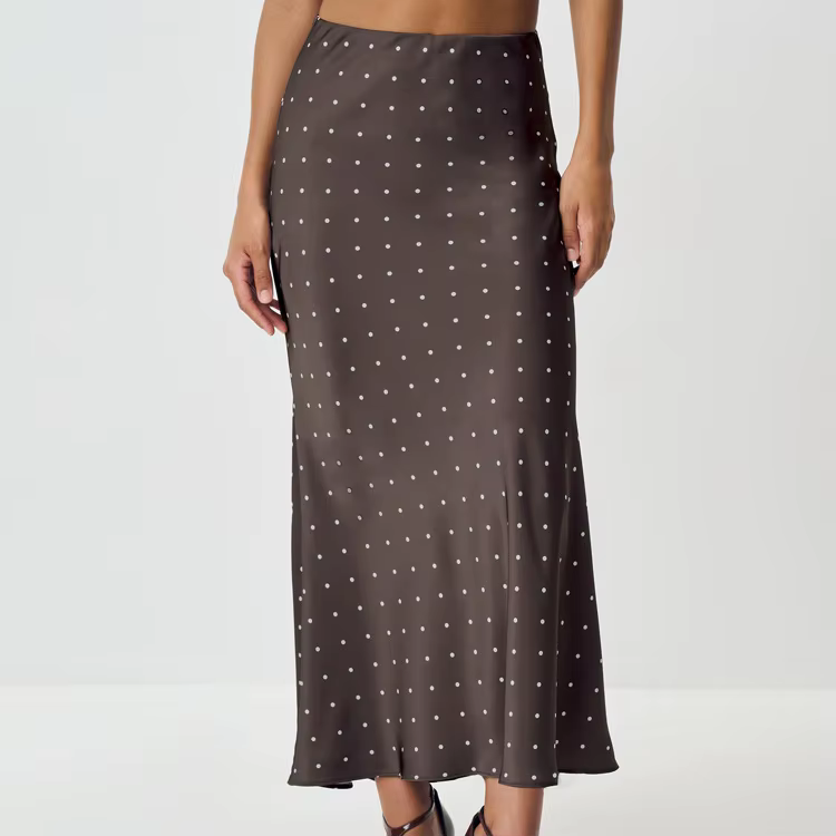 Ensemble jupe deux pièces en Satin imprimé à pois, chemise à manches longues à lacets + jupe mi-long