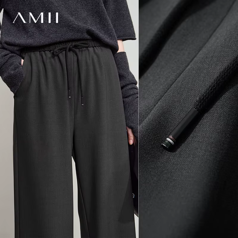 AMII 2025 automne femmes pantalon ample décontracté à lacets élastique jambe large pantalon droit so