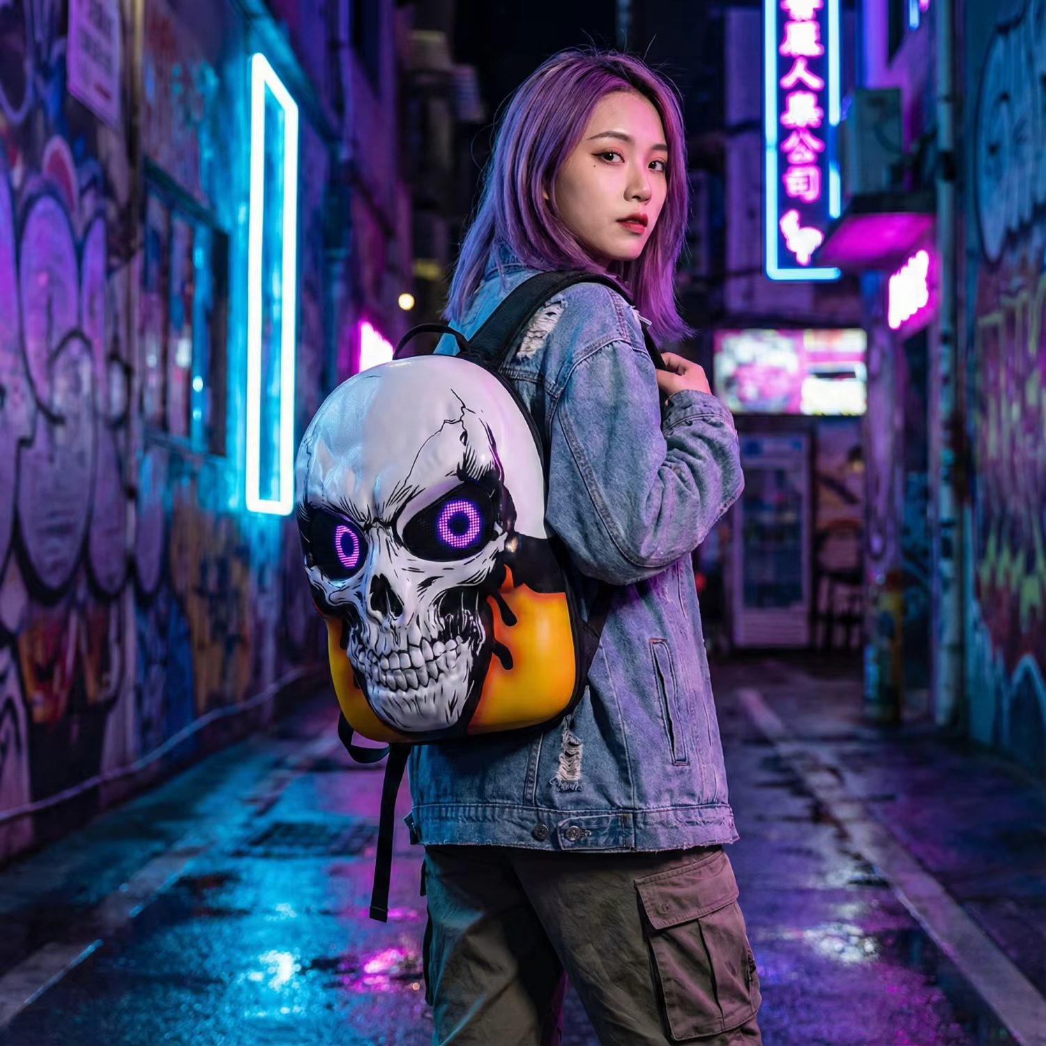 Sac à dos de moto à coque rigide avec crâne LED 3D, avec yeux programmables, contrôle par applicatio