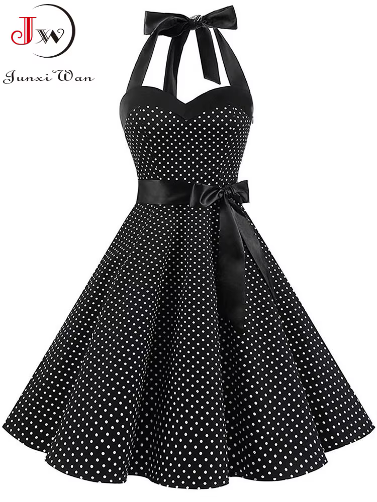 Femmes à pois imprimé Robe d'été Sexy rétro blanc licou Robe Vintage Robe Femme Pin Up Rockabilly Ro