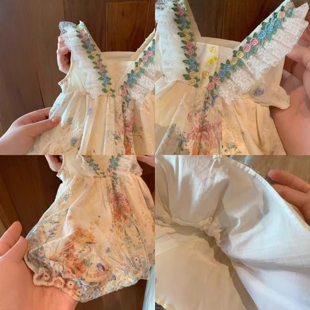 Mode 2-7 ans fille imprimer dentelle sans manches gilet princesse robes été Beige fleur enfants vête
