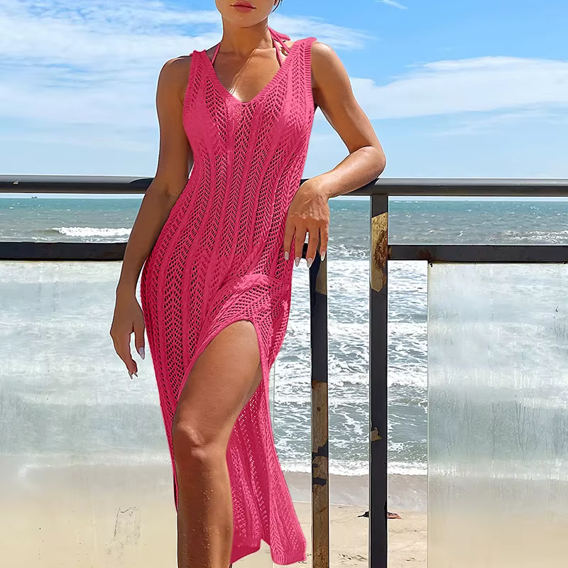 Robe Maxi ajourée pour femmes, tenue de vacances, Chic, couleur unie, tricotée, mode, sans manches, 
