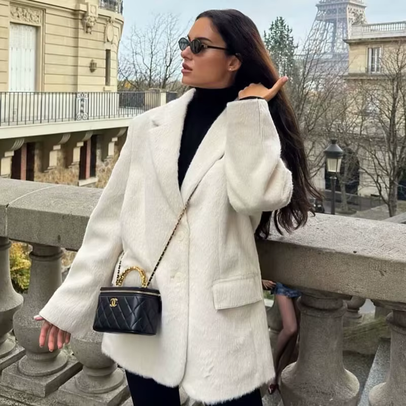 HXAO 2025 femmes Blazer fausse fourrure manteaux vêtements d'extérieur femme printemps vestes blanc 