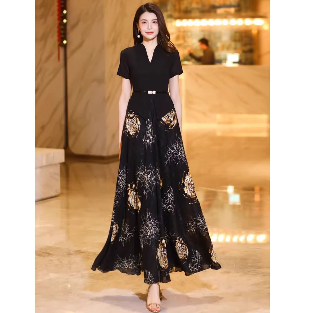 Robe d'été élégante à manches courtes, faux robe deux pièces haut de gamme, nouvelle mode imprimée, 